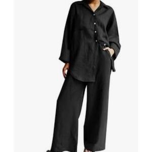 Vintage Go Silk Linen Black Wide Leg Pants Tunic Dress Button Up Set M Lagenlook